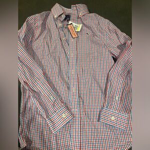 Vineyard Vines Men's Red and Blue Plaid Shirt